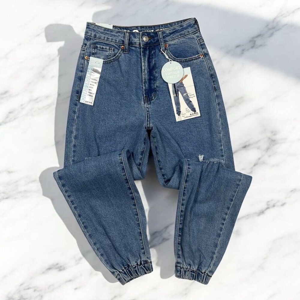 S.O.N.G. 5 Pocket Jogger Jeans Size 1/25 Cuffed Hem Distressed Denim Relaxed Fit